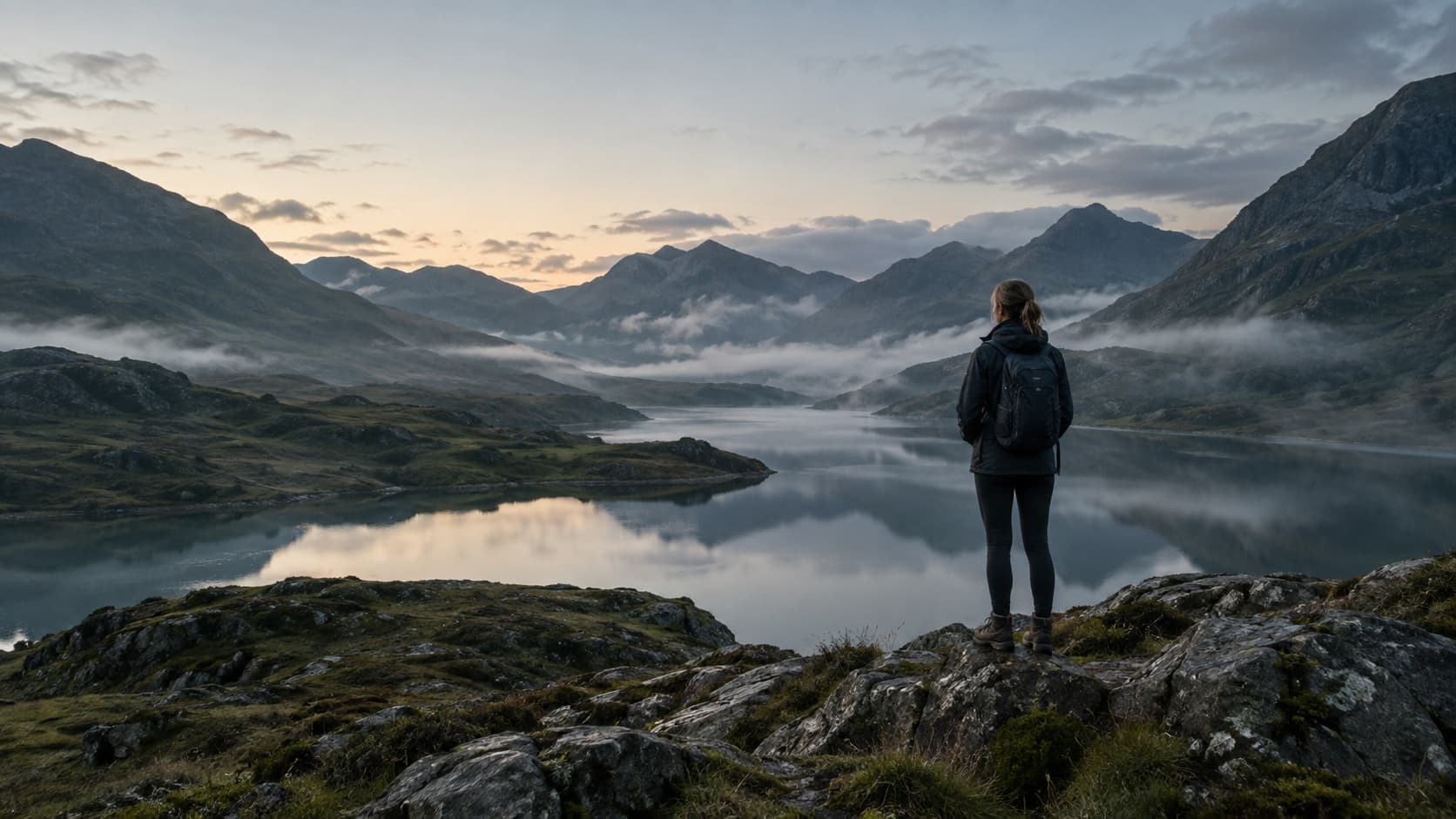 A hiker looking across a mountain lake at sunrise