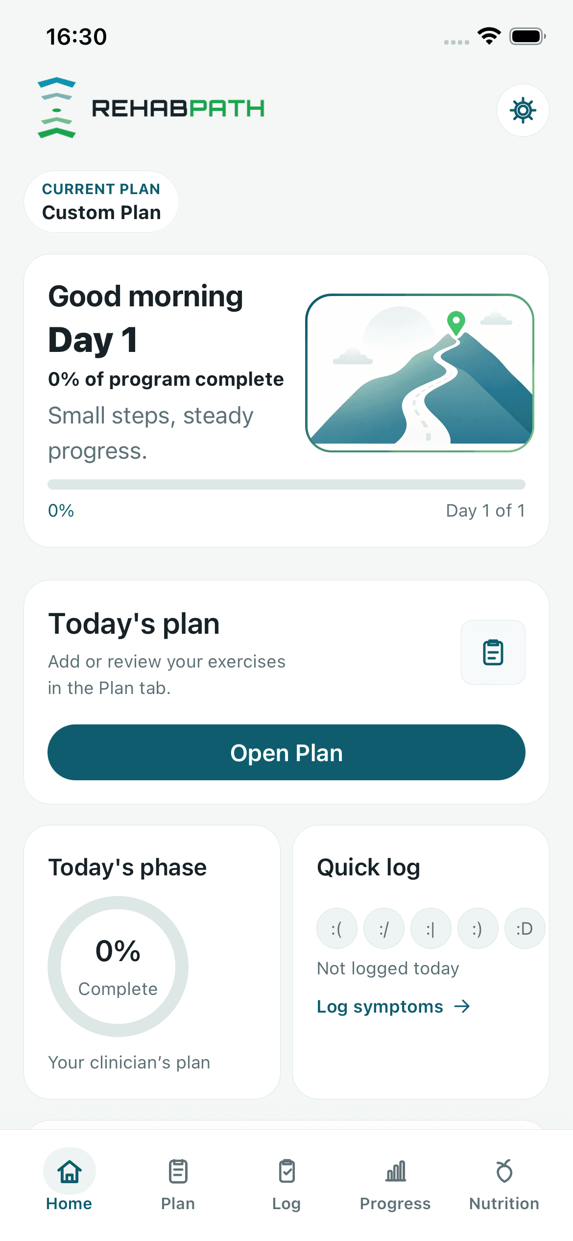 RehabPath home screen showing a structured rehabilitation plan